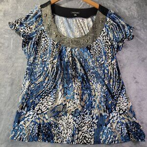 Notations Womens XL Embellished Animal Print Blue‎ Black Short Sleeve Top Vibes